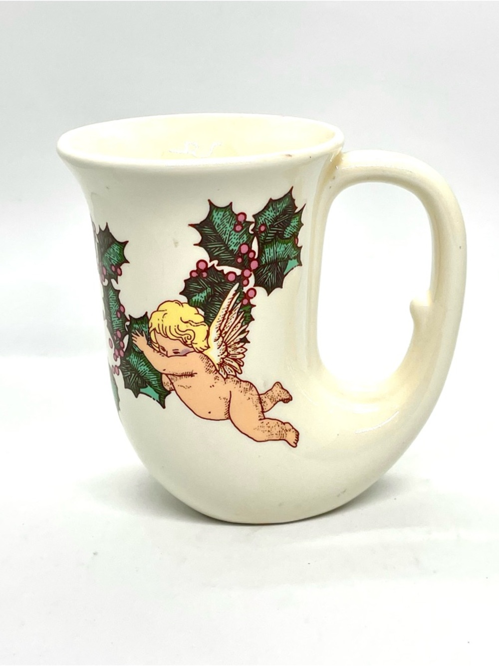 Vintage Napco Christmas Cherub Mug Cup Holly Berries Angel Ceramic Horn Shaped